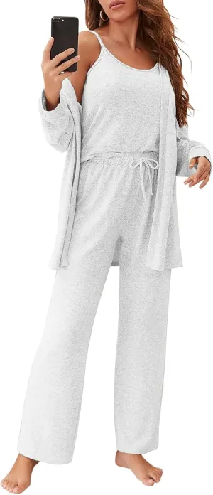 Fessceruna Womens 3 Piece Pajama Set Cami Tank Top Wide Leg Pants and Cardigan Loungewear Lounge Sets White