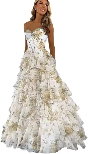 Floral Tiered Prom Dresses 2025 with Slit Long Strapless Corset Chiffon Formal Evening Party Gowns