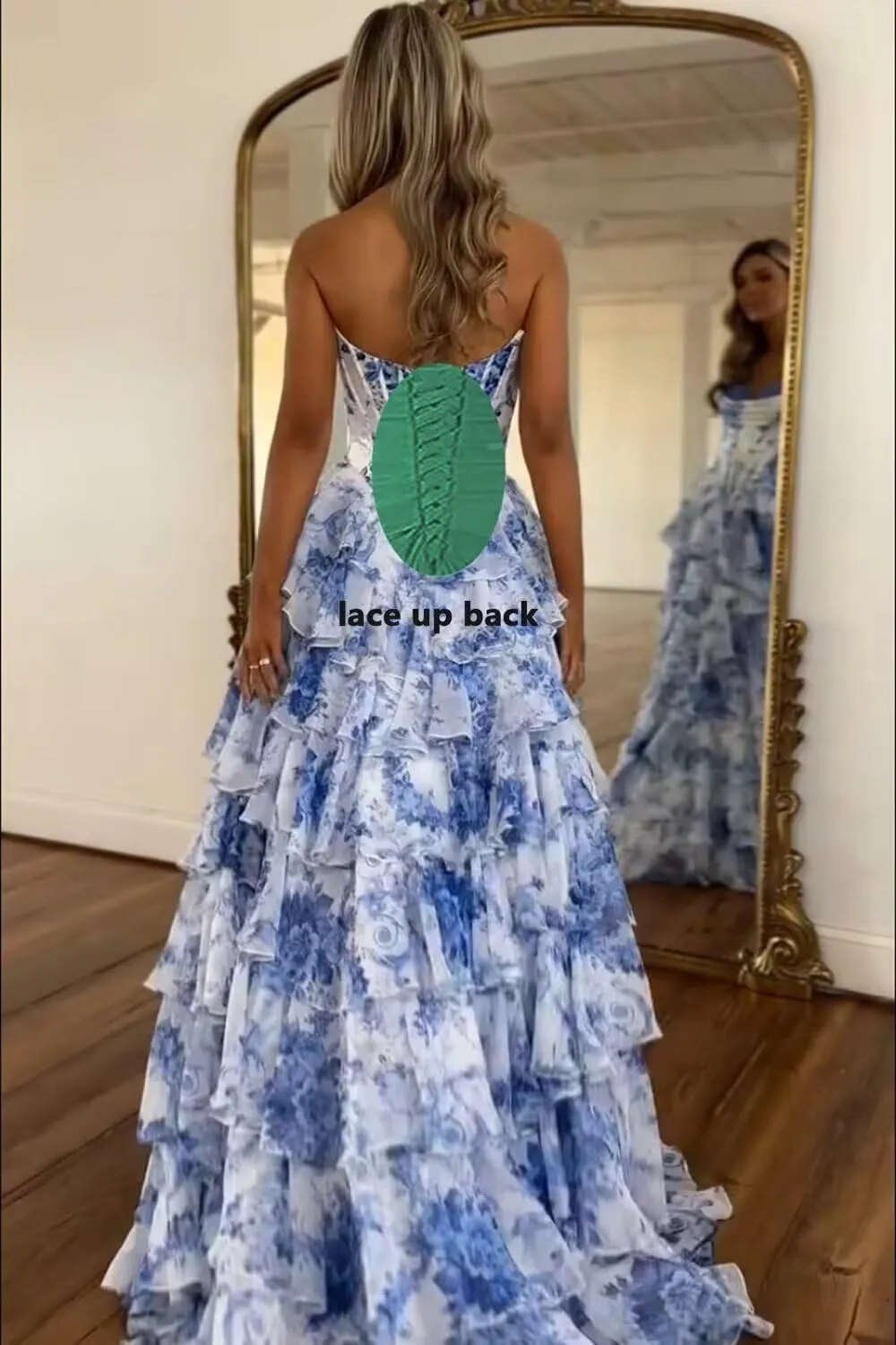 Floral Tiered Prom Dresses 2025 with Slit Long Strapless Corset Chiffon Formal Evening Party Gowns