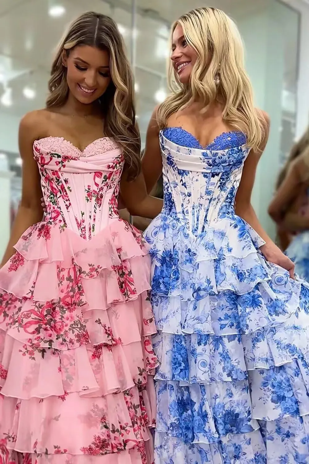 Floral Tiered Prom Dresses 2025 with Slit Long Strapless Corset Chiffon Formal Evening Party Gowns