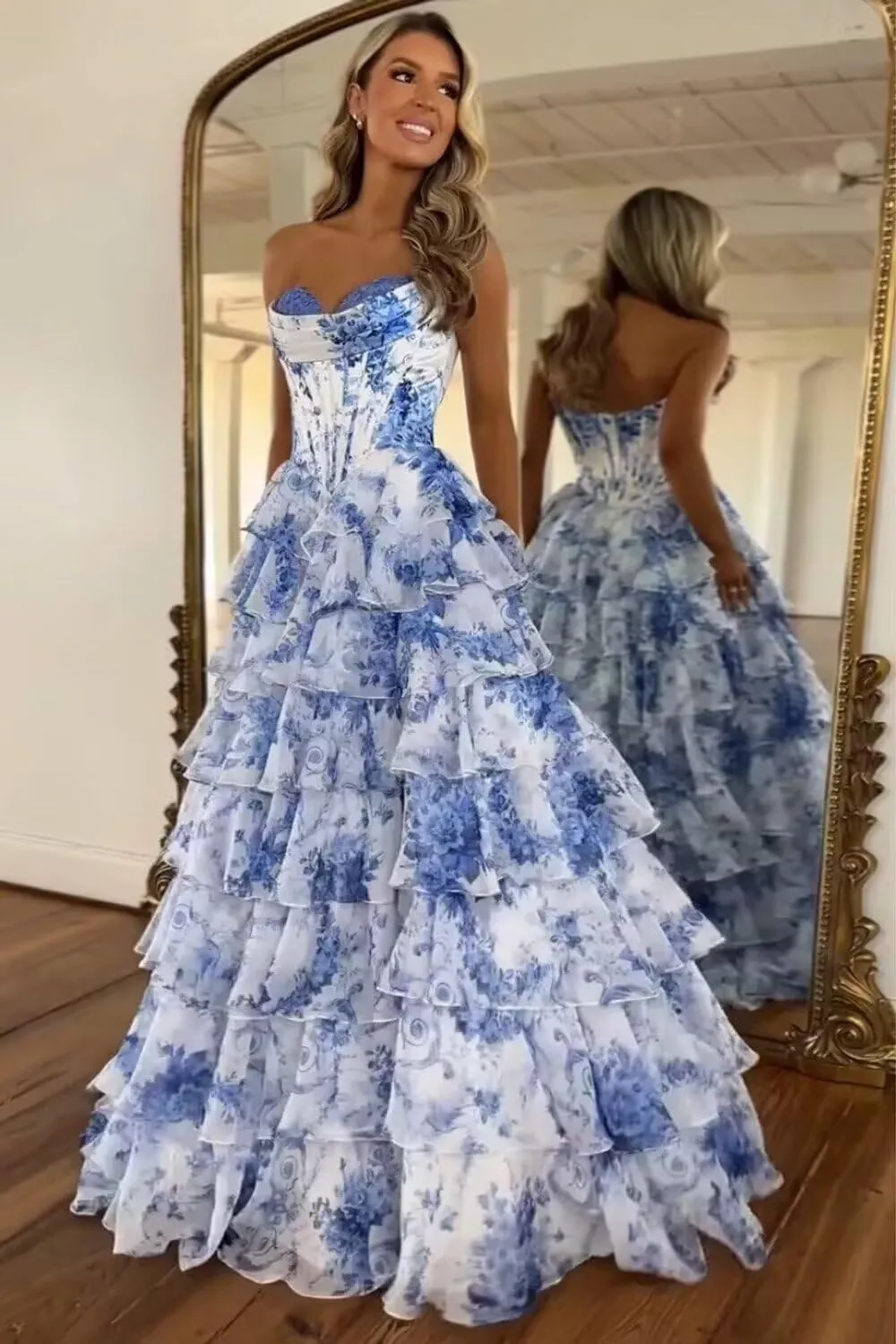 Floral Tiered Prom Dresses 2025 with Slit Long Strapless Corset Chiffon Formal Evening Party Gowns