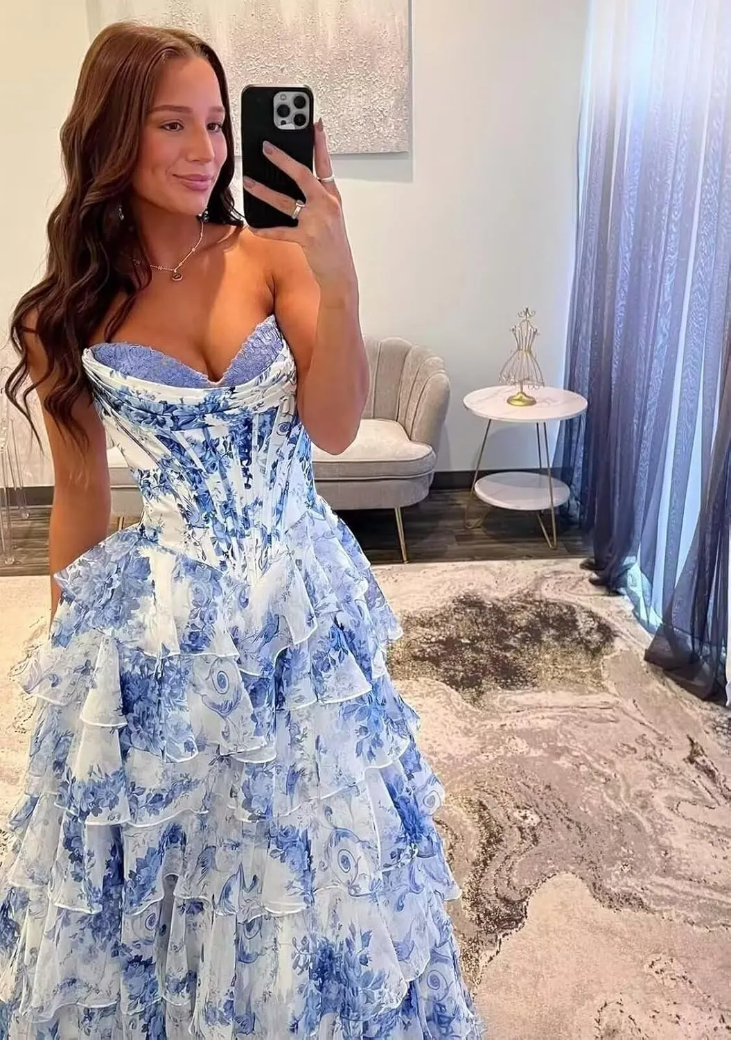 Floral Tiered Prom Dresses 2025 with Slit Long Strapless Corset Chiffon Formal Evening Party Gowns