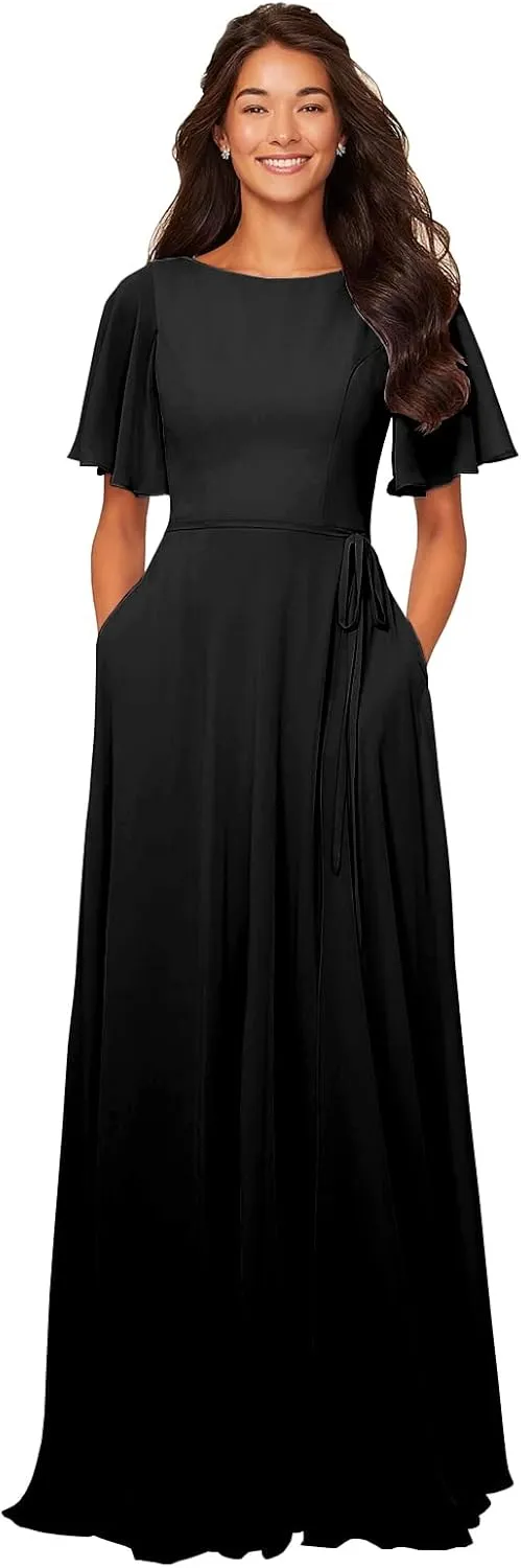 Flutter Sleeve Bridesmaid Dresses for Women 2025 Chiffon Formal Wedding Guest Dress with Pockets Sash
