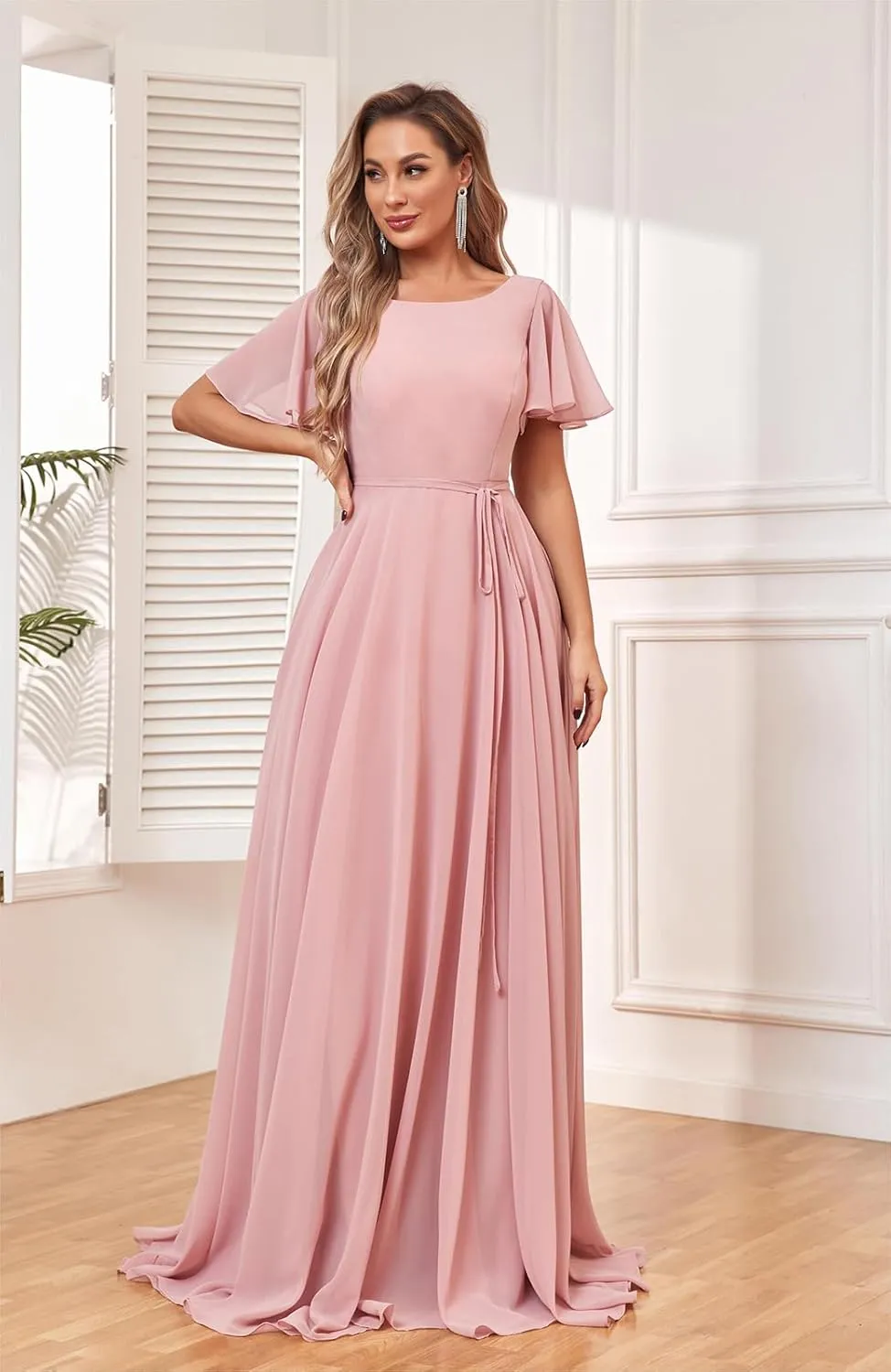 Flutter Sleeve Bridesmaid Dresses for Women 2025 Chiffon Formal Wedding Guest Dress with Pockets Sash
