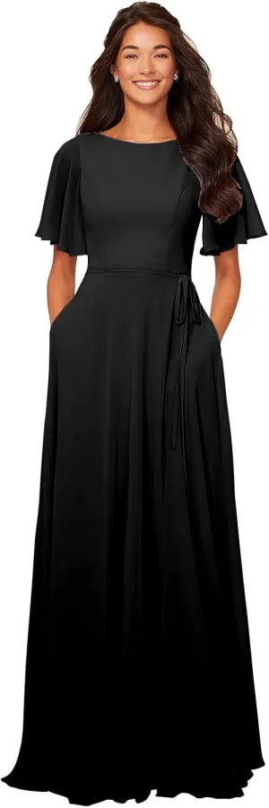 Flutter Sleeve Bridesmaid Dresses for Women 2025 Chiffon Formal Wedding Guest Dress with Pockets Sash