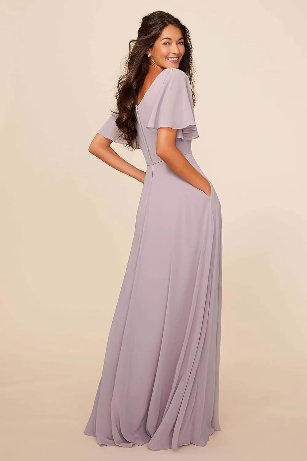 Flutter Sleeve Bridesmaid Dresses for Women 2025 Chiffon Formal Wedding Guest Dress with Pockets Sash