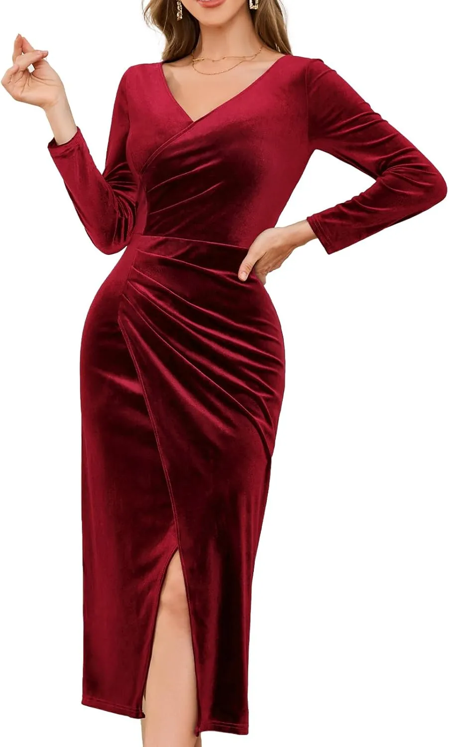 Gardenwed Womens Long Sleeve Velvet Maxi Dress Plus Size Wrap V Neck Long Formal Evening Cocktail Party Dress