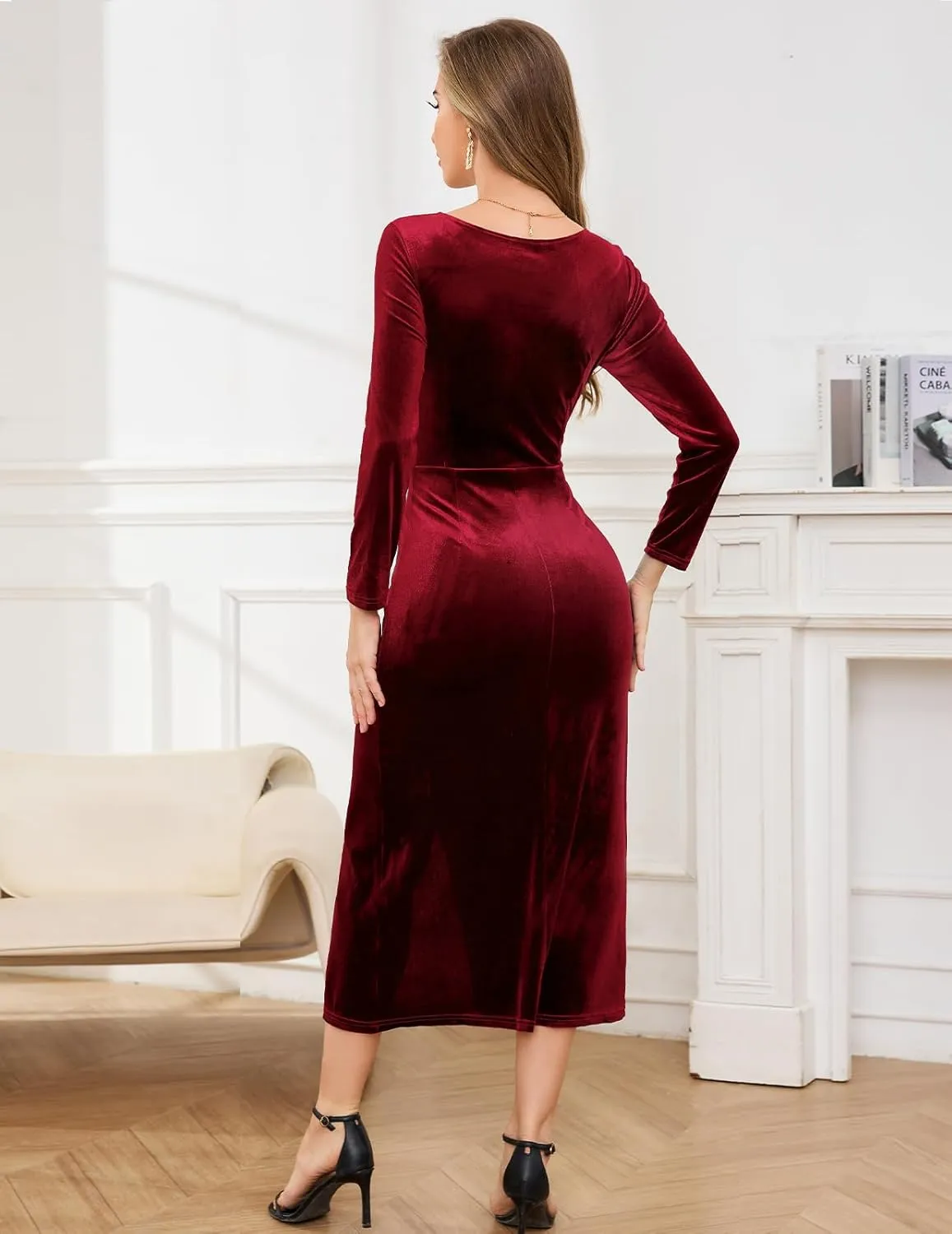 Gardenwed Womens Long Sleeve Velvet Maxi Dress Plus Size Wrap V Neck Long Formal Evening Cocktail Party Dress