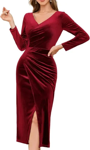 Gardenwed Womens Long Sleeve Velvet Maxi Dress Plus Size Wrap V Neck Long Formal Evening Cocktail Party Dress