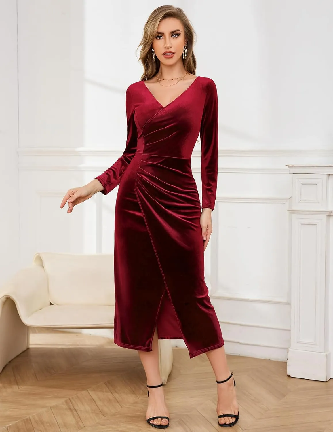 Gardenwed Womens Long Sleeve Velvet Maxi Dress Plus Size Wrap V Neck Long Formal Evening Cocktail Party Dress