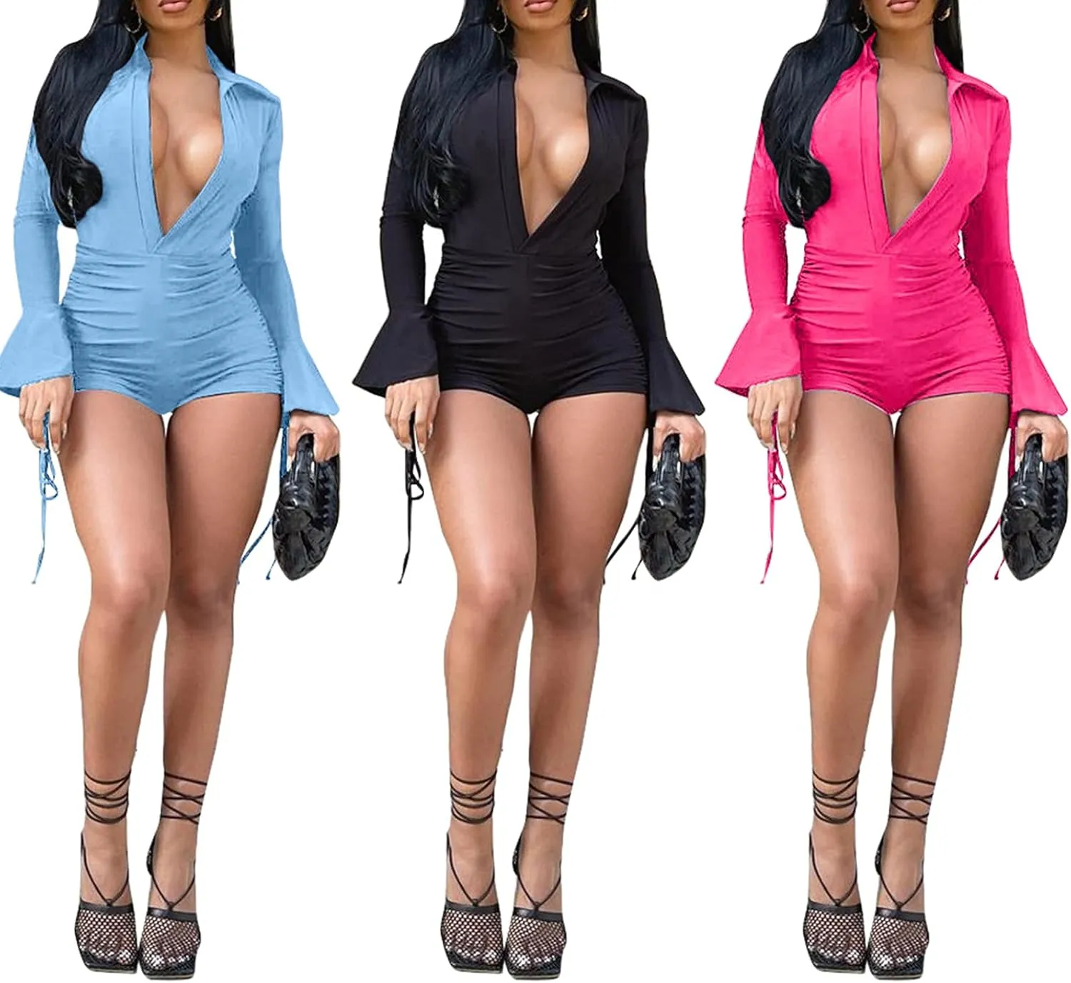 GEMEIQ Womens Sexy V Neck Long Trumpet Sleeve Jumpsuit Short Pants Bodycon One Piece Outfits Clubwear Party Romper