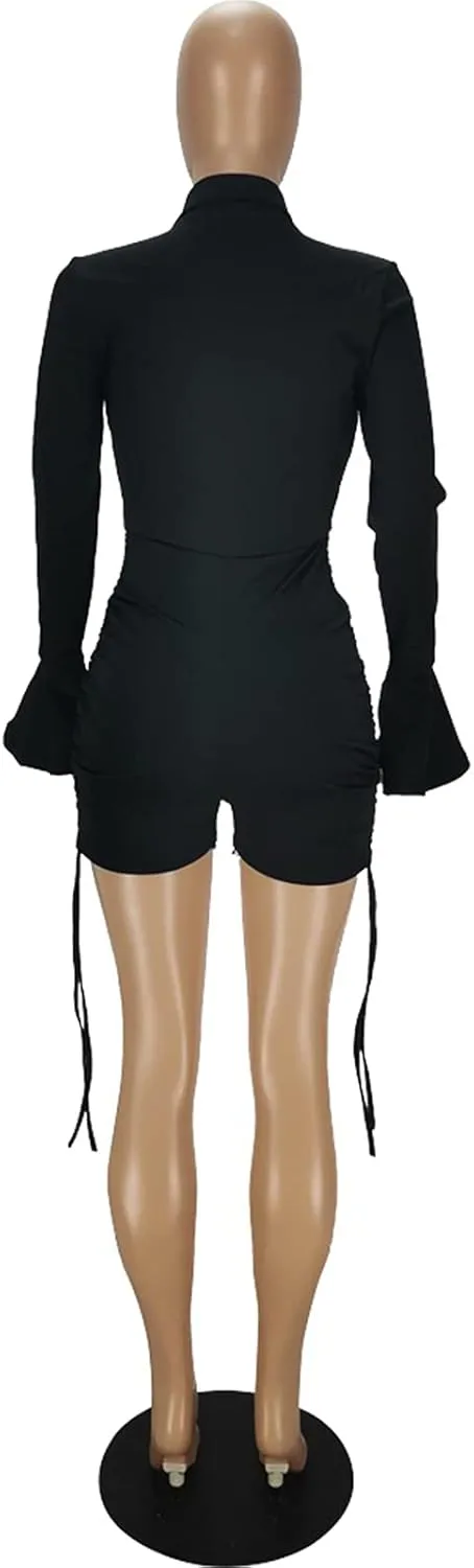 GEMEIQ Womens Sexy V Neck Long Trumpet Sleeve Jumpsuit Short Pants Bodycon One Piece Outfits Clubwear Party Romper