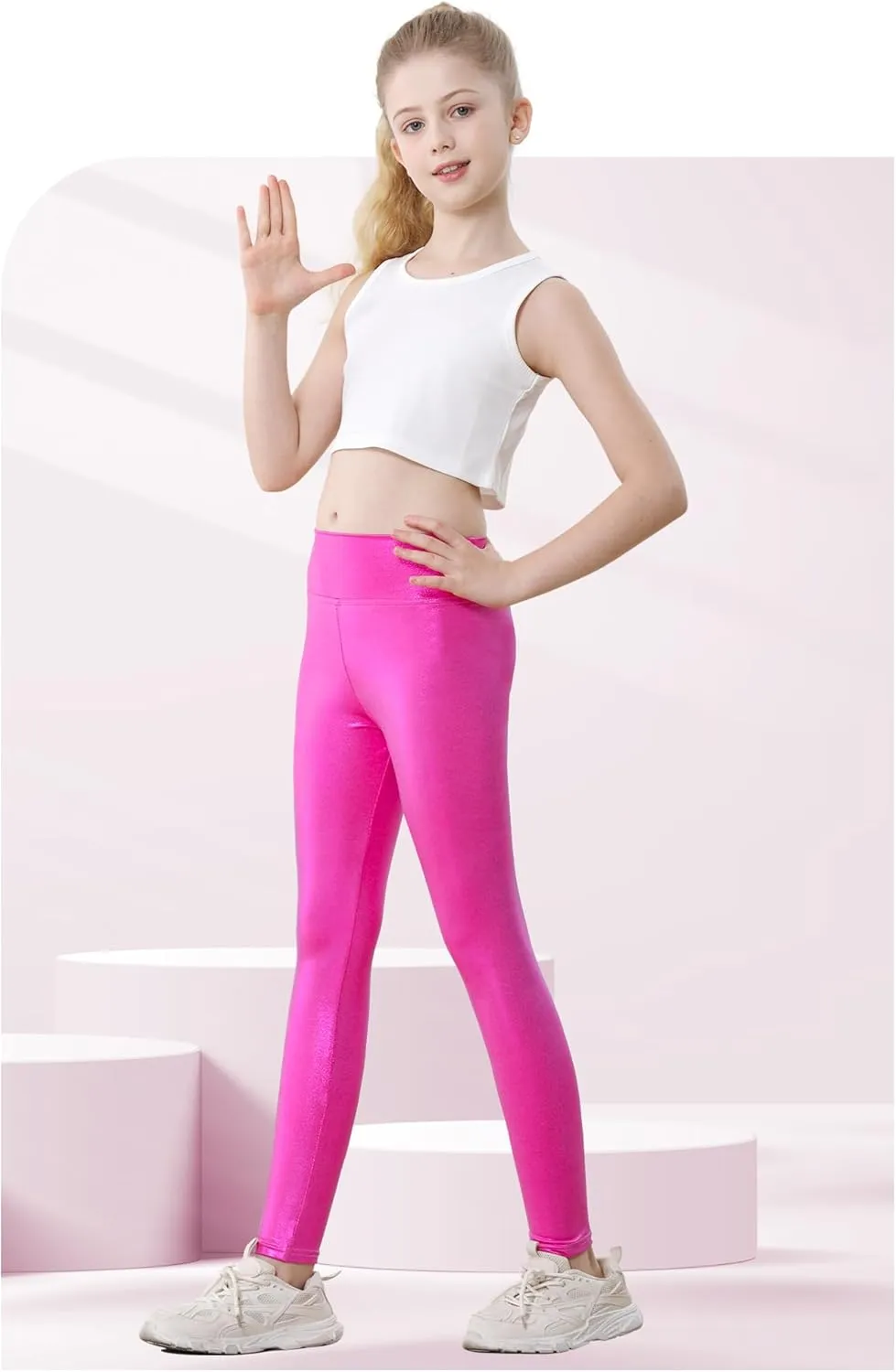 Girls Metallic Leggings High Waisted Sparkly Yoga Pants Shiny Running Dance Tights for Kids Youth Teen, 2 Pack