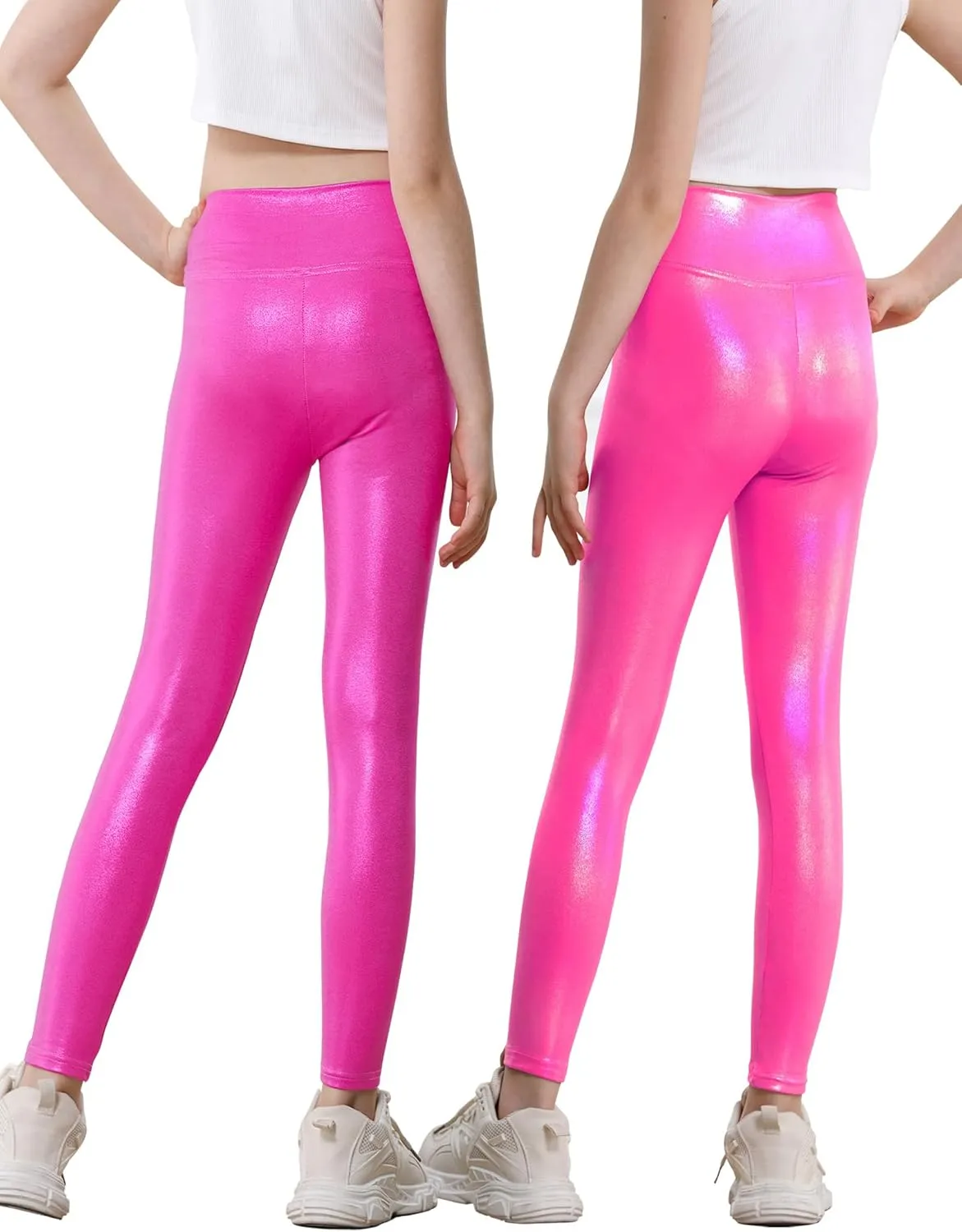 Girls Metallic Leggings High Waisted Sparkly Yoga Pants Shiny Running Dance Tights for Kids Youth Teen, 2 Pack