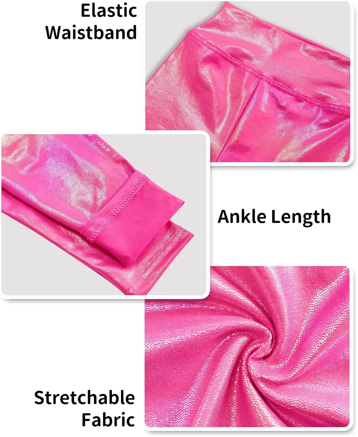 Girls Metallic Leggings High Waisted Sparkly Yoga Pants Shiny Running Dance Tights for Kids Youth Teen, 2 Pack