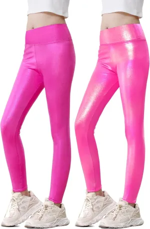 Girls Metallic Leggings High Waisted Sparkly Yoga Pants Shiny Running Dance Tights for Kids Youth Teen, 2 Pack