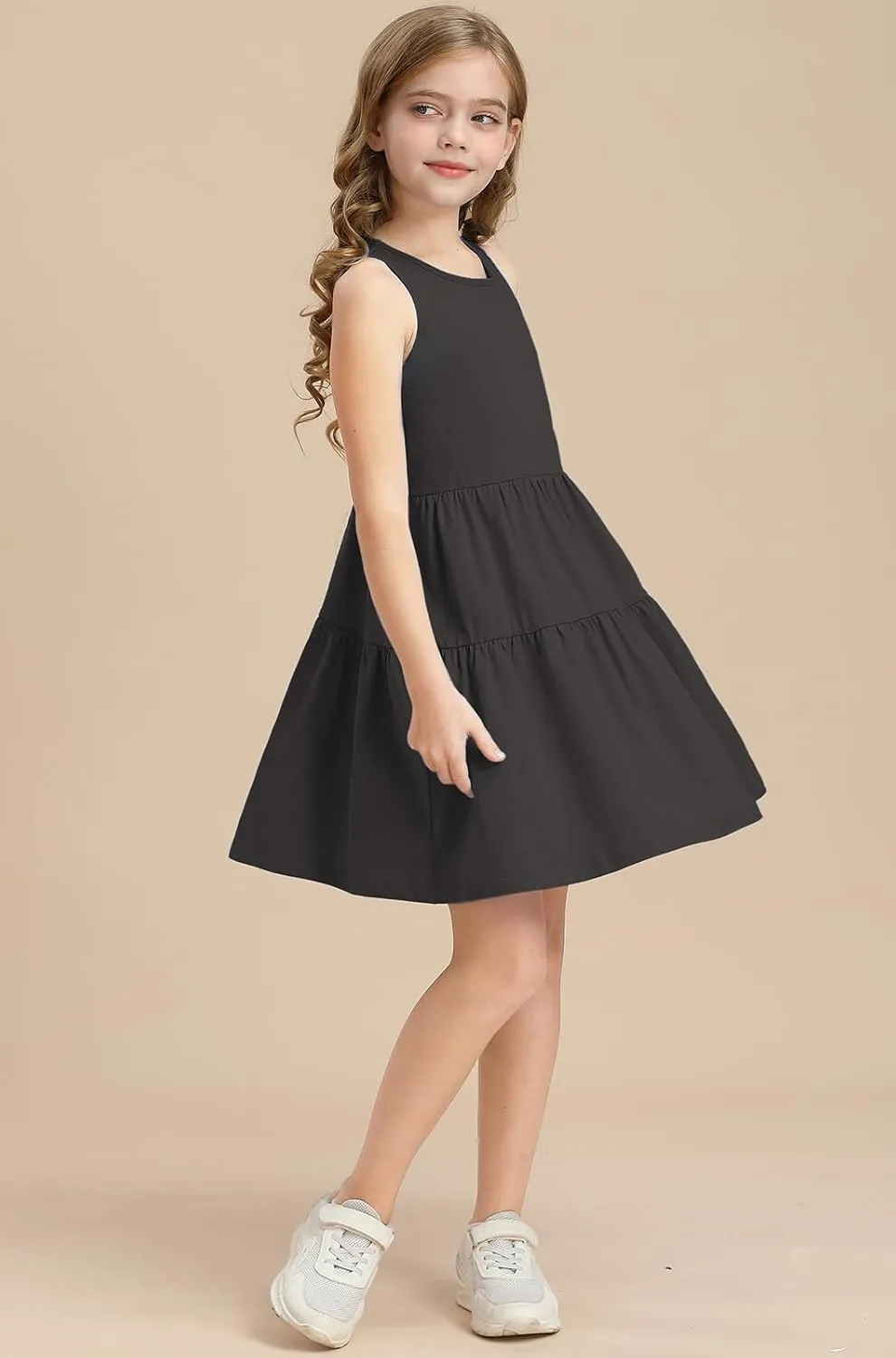 Girls Summer Midi Dress Sleeveless Back Detailed Tiered Sundress Vacation Beach 5-10 Years