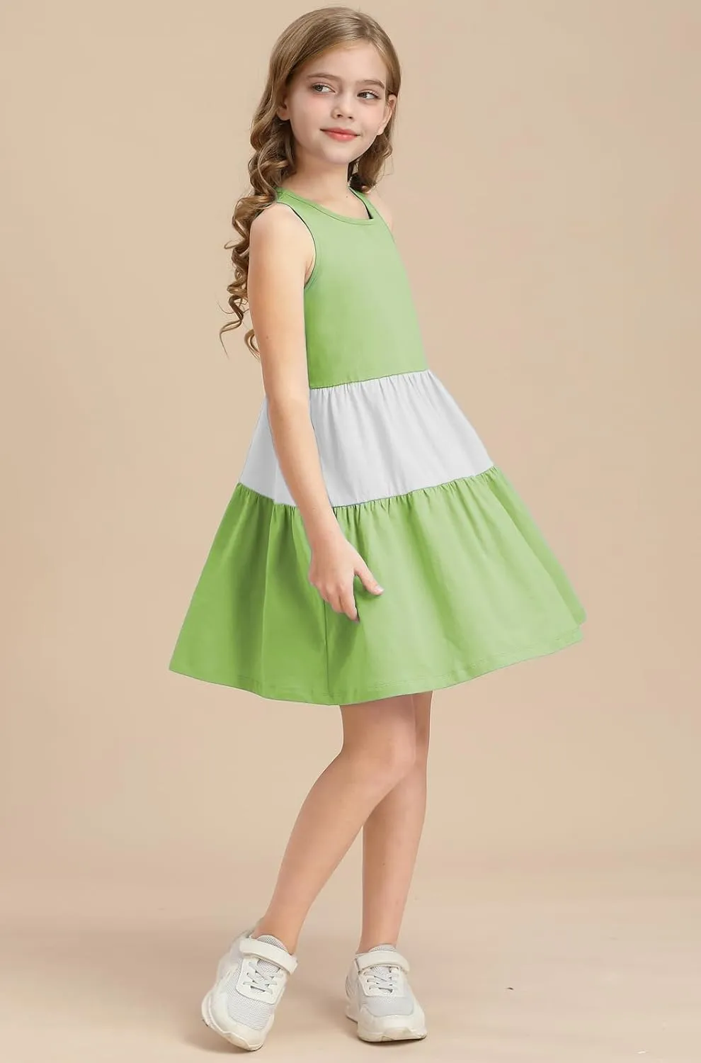 Girls Summer Midi Dress Sleeveless Back Detailed Tiered Sundress Vacation Beach 5-10 Years
