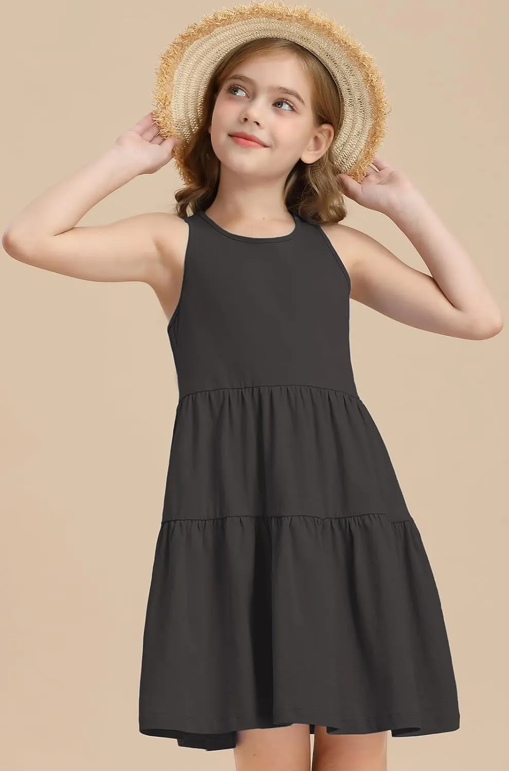 Girls Summer Midi Dress Sleeveless Back Detailed Tiered Sundress Vacation Beach 5-10 Years