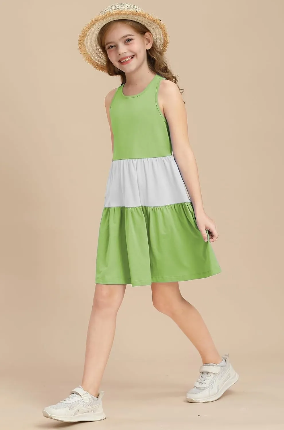 Girls Summer Midi Dress Sleeveless Back Detailed Tiered Sundress Vacation Beach 5-10 Years
