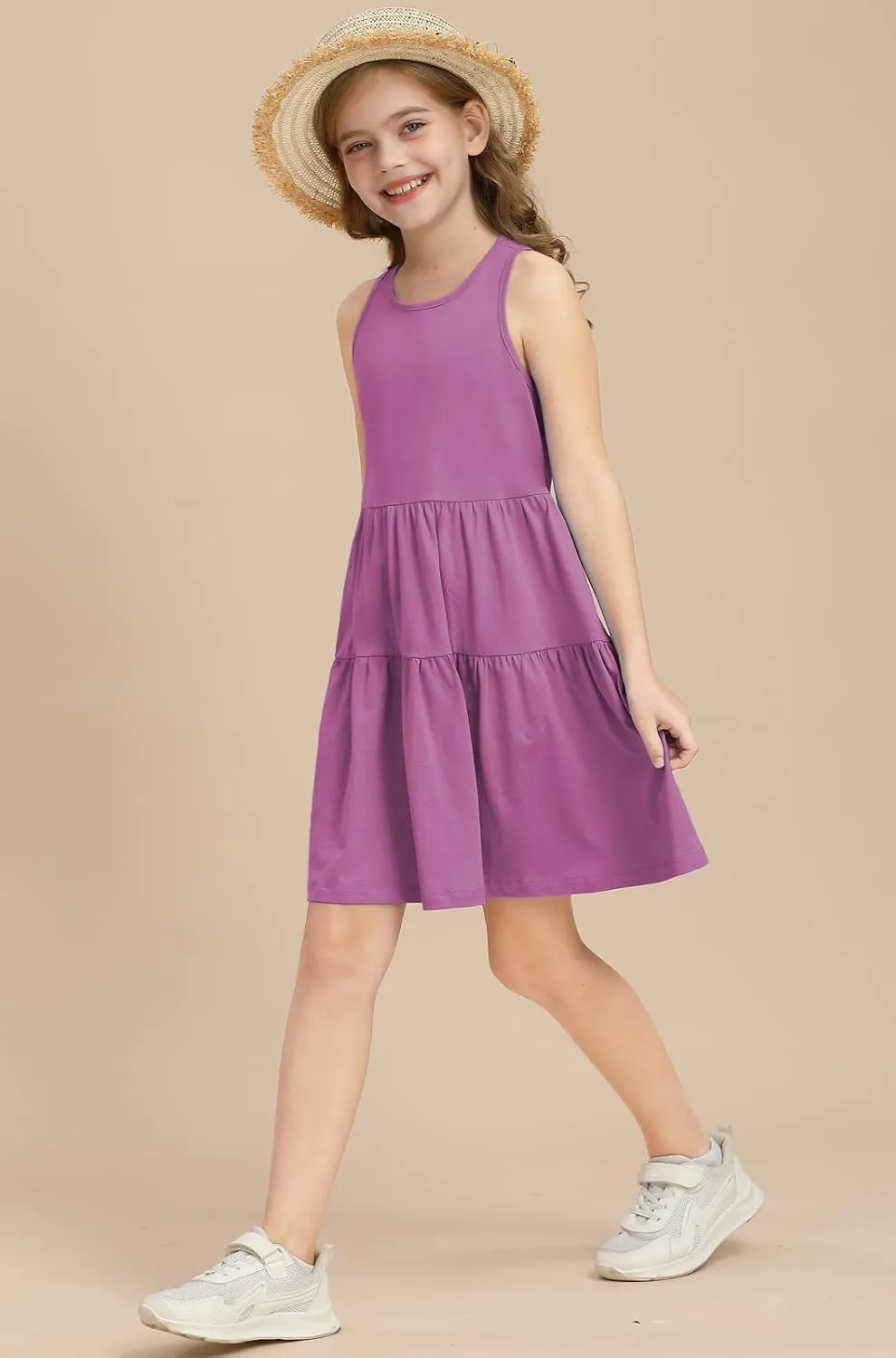 Girls Summer Midi Dress Sleeveless Back Detailed Tiered Sundress Vacation Beach 5-10 Years
