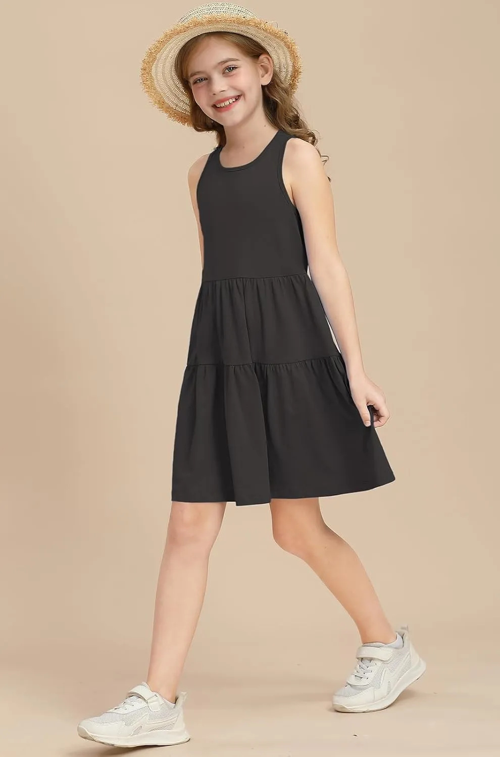 Girls Summer Midi Dress Sleeveless Back Detailed Tiered Sundress Vacation Beach 5-10 Years