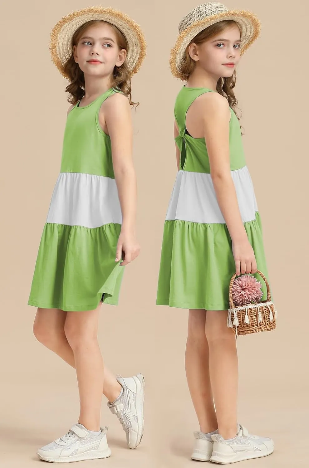 Girls Summer Midi Dress Sleeveless Back Detailed Tiered Sundress Vacation Beach 5-10 Years