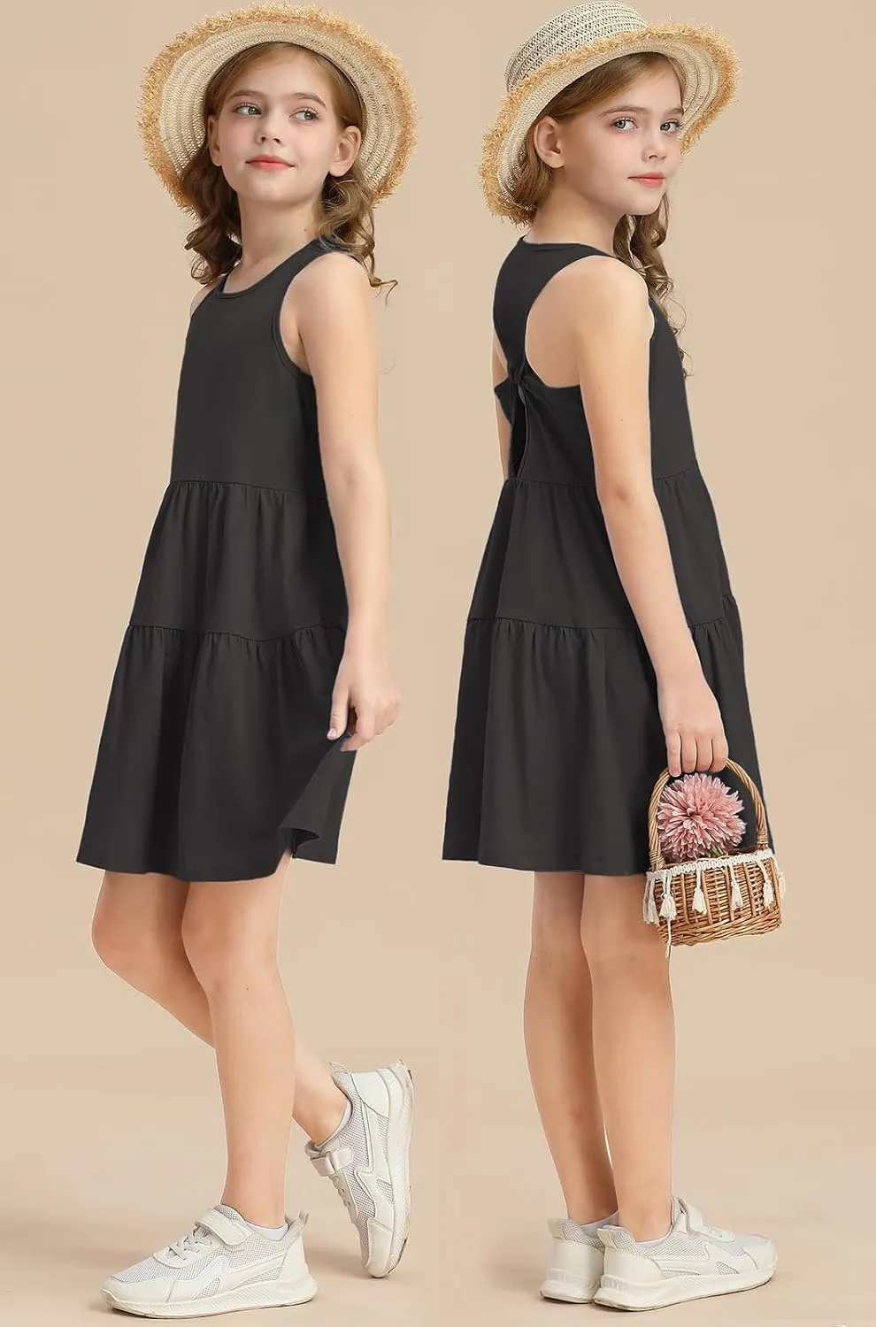 Girls Summer Midi Dress Sleeveless Back Detailed Tiered Sundress Vacation Beach 5-10 Years