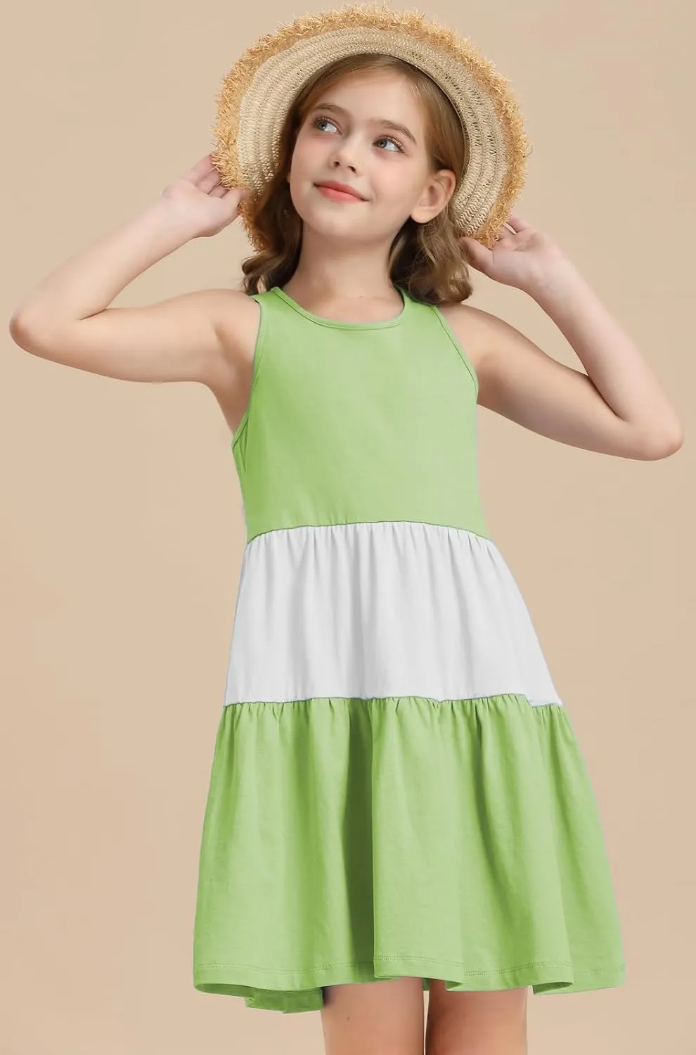 Girls Summer Midi Dress Sleeveless Back Detailed Tiered Sundress Vacation Beach 5-10 Years