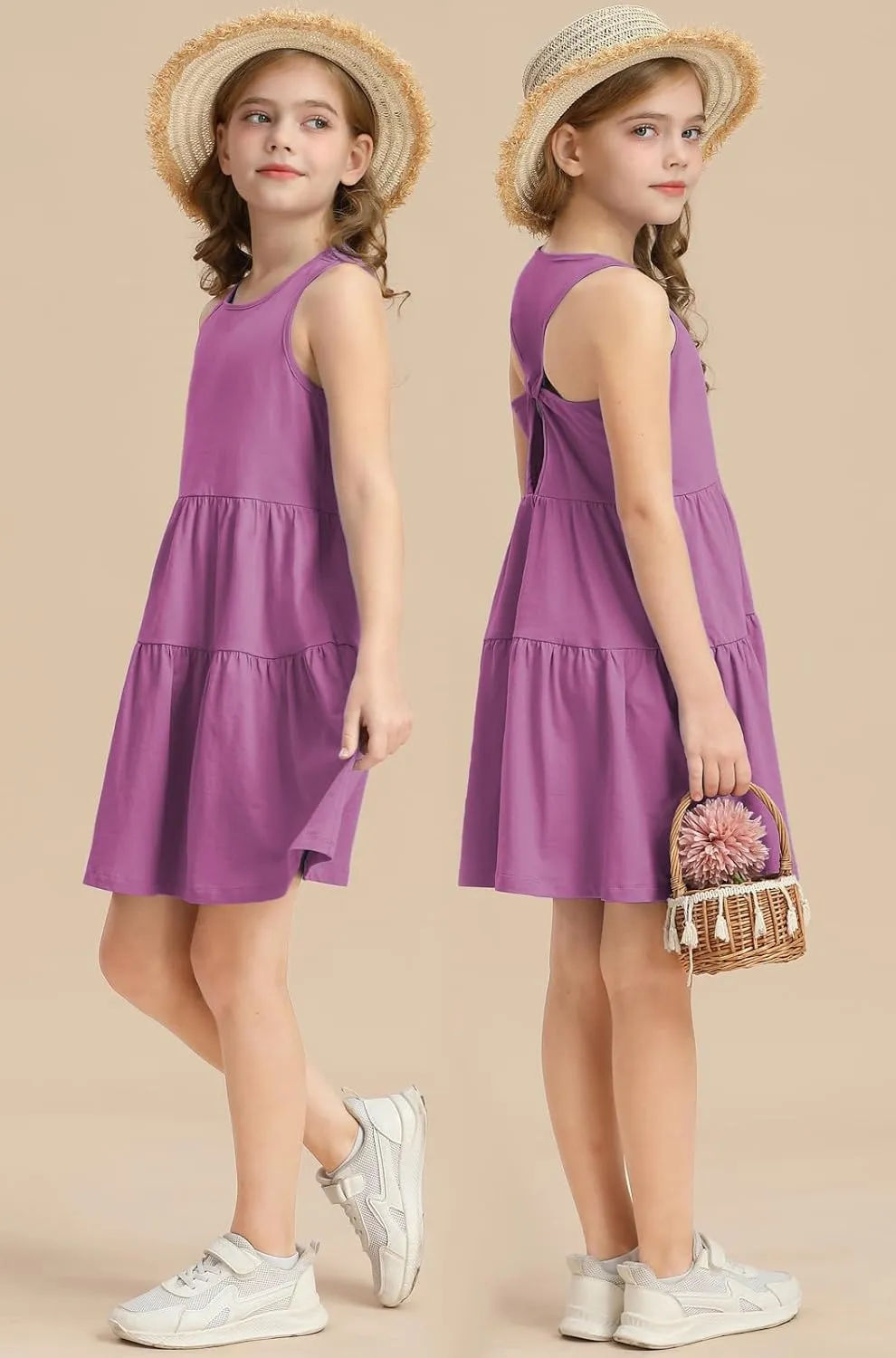 Girls Summer Midi Dress Sleeveless Back Detailed Tiered Sundress Vacation Beach 5-10 Years
