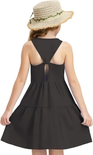 Girls Summer Midi Dress Sleeveless Back Detailed Tiered Sundress Vacation Beach 5-10 Years