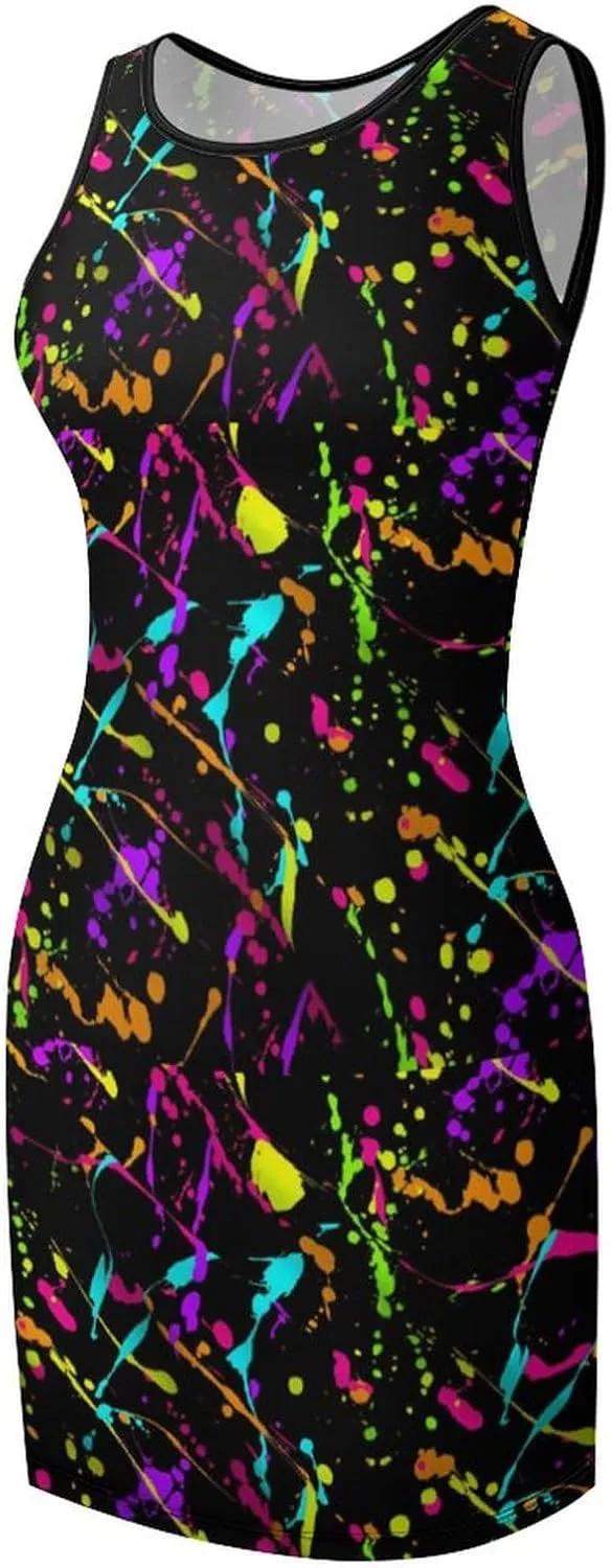Glow in Dark Splatter Neon (11) Summer Dresses for Women 2024 Beach Sundress Women's Sleeveless Dress