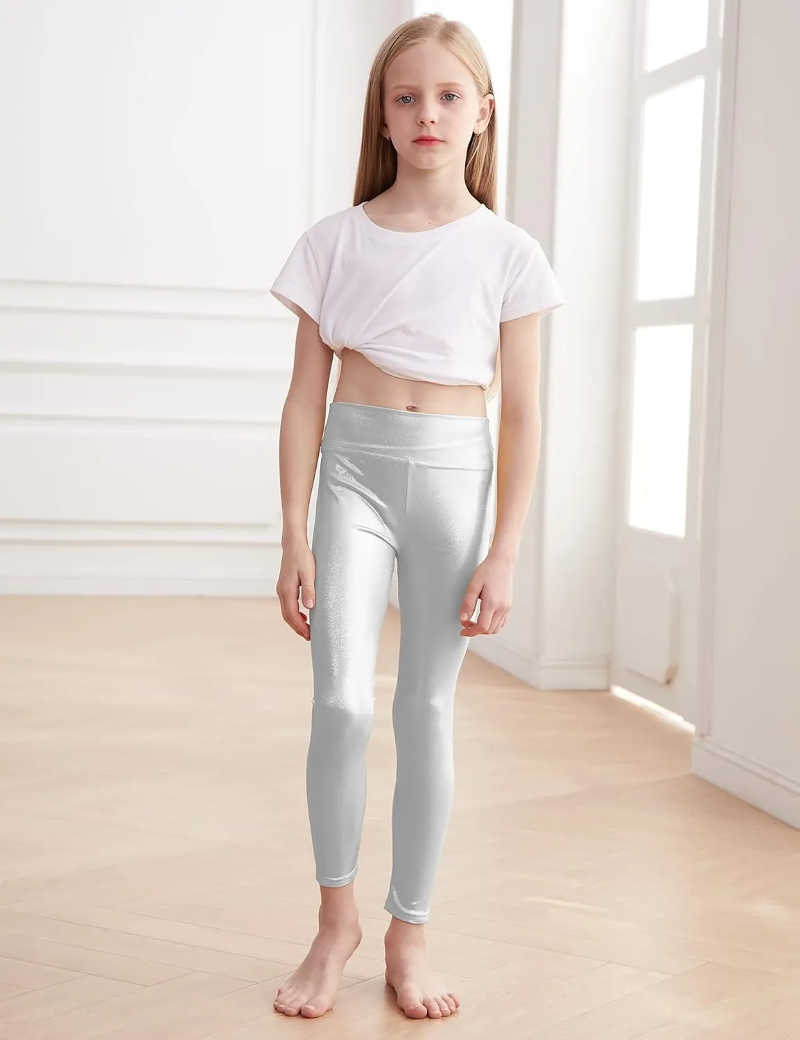Gnainach Girls Metallic Leggings High Waisted Kids Yoga Pants Stretch Shiny Running Dance Tights for Teen School Workout
