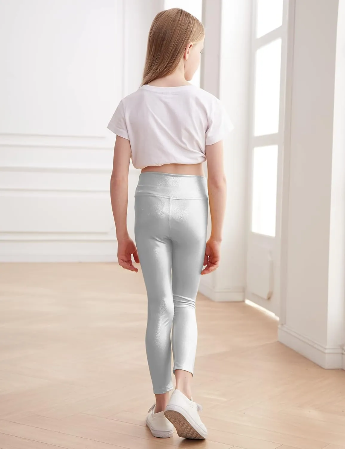 Gnainach Girls Metallic Leggings High Waisted Kids Yoga Pants Stretch Shiny Running Dance Tights for Teen School Workout