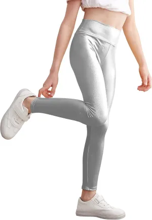 Gnainach Girls Metallic Leggings High Waisted Kids Yoga Pants Stretch Shiny Running Dance Tights for Teen School Workout