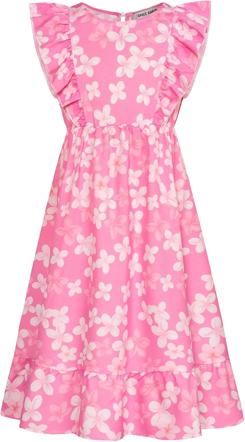 GRACE KARIN Girls Dress Ruffle Sleeve Striped Floral Spring Summer Dress for Kids 6-14Y