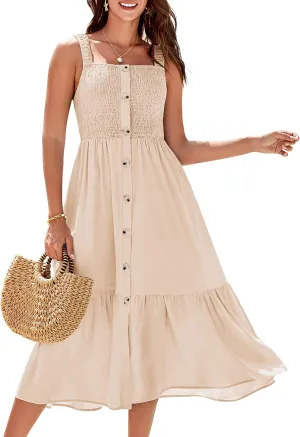 GRACE KARIN Womens Summer 2025 Midi Dress Spaghetti Strap Smocked Button Casual A Line Long Beach Flowy Sun Dresses Pockets