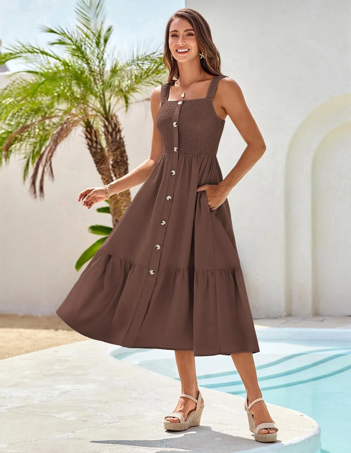 GRACE KARIN Womens Summer 2025 Midi Dress Spaghetti Strap Smocked Button Casual A Line Long Beach Flowy Sun Dresses Pockets