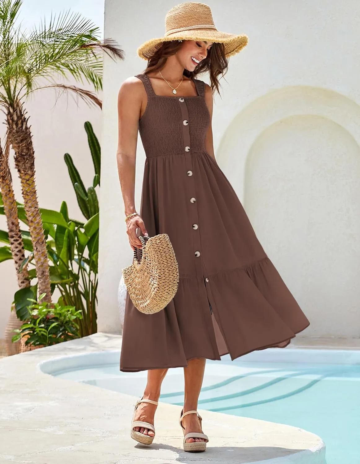 GRACE KARIN Womens Summer 2025 Midi Dress Spaghetti Strap Smocked Button Casual A Line Long Beach Flowy Sun Dresses Pockets