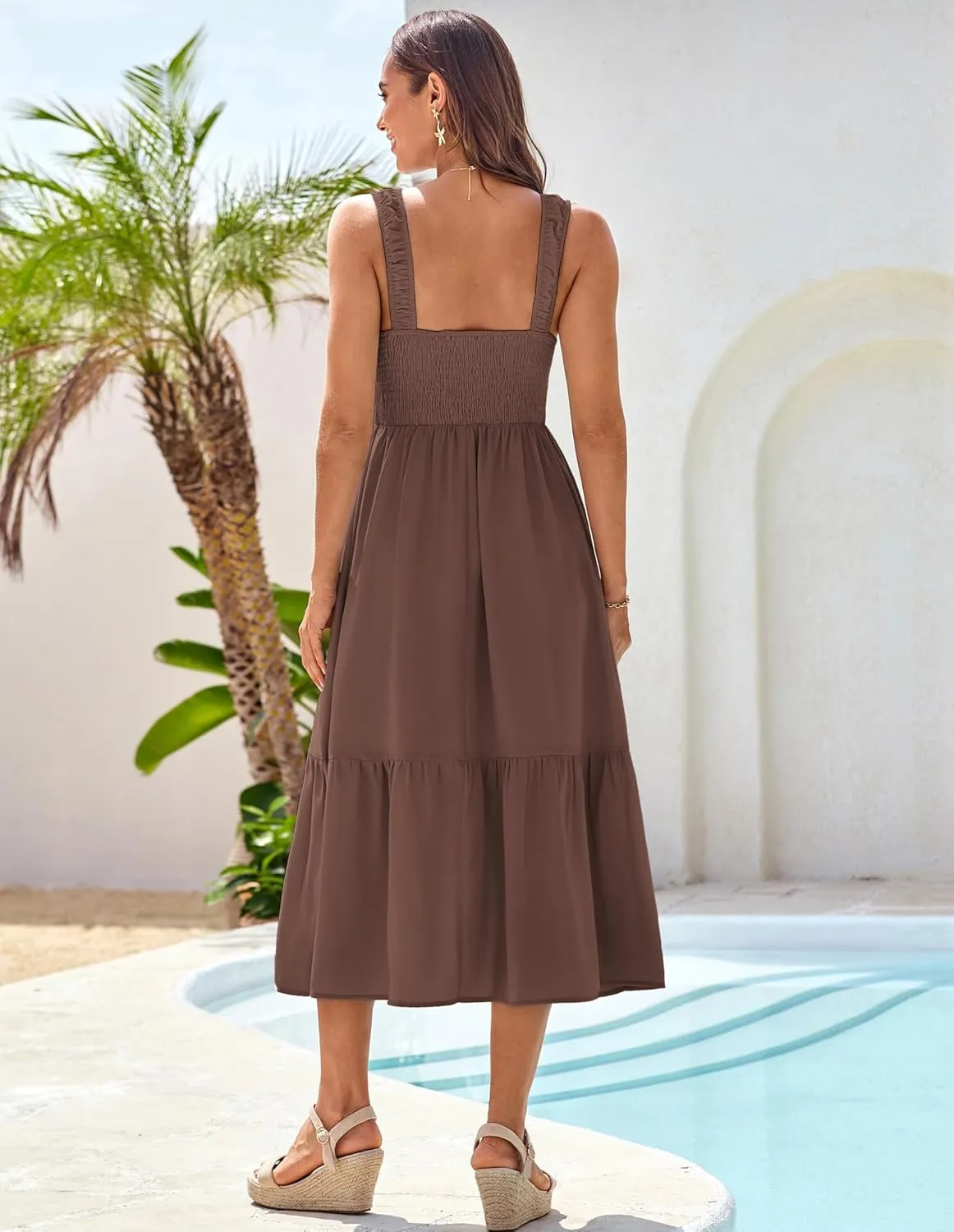 GRACE KARIN Womens Summer 2025 Midi Dress Spaghetti Strap Smocked Button Casual A Line Long Beach Flowy Sun Dresses Pockets