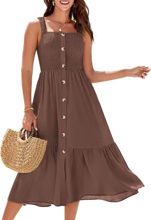 GRACE KARIN Womens Summer 2025 Midi Dress Spaghetti Strap Smocked Button Casual A Line Long Beach Flowy Sun Dresses Pockets