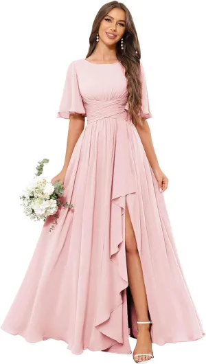 GUKARLEED Chiffon Bridesmaid Dresses with Ruffle Flutter Sleeves Pockets Long Slit Formal Dress Wedding Guest Dress for Women