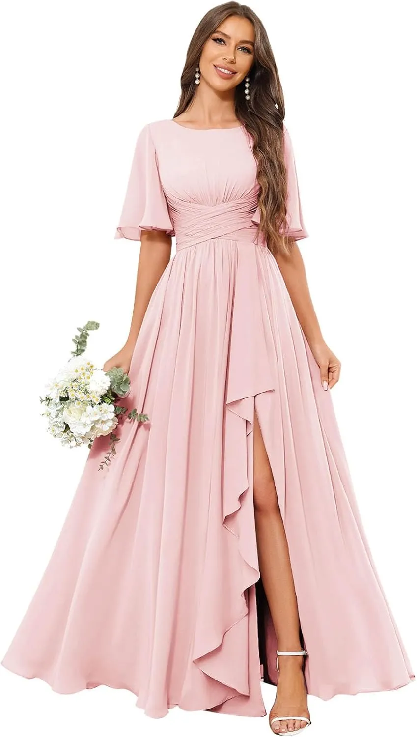 GUKARLEED Chiffon Bridesmaid Dresses with Ruffle Flutter Sleeves Pockets Long Slit Formal Dress Wedding Guest Dress for Women