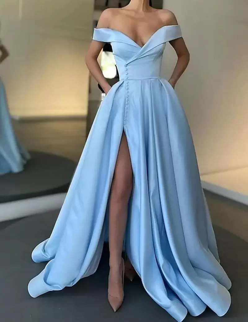 GUKARLEED Women's Off The Shoulder Prom Dresses High Slit Satin Formal Dress with Pockets Ball Gowns Backless Evening Dress
