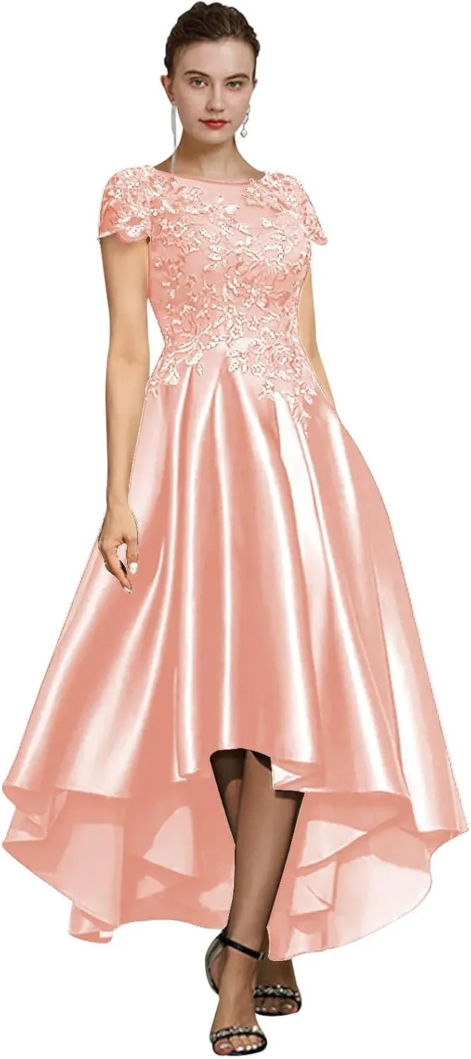 GUKARLEED Womens Tea Length Satin Mother of The Bride Dresses for Wedding High Low Appliques Cap Sleeve Formal Evening Gowns