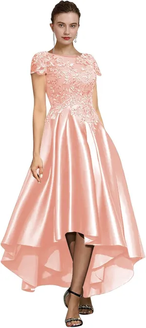 GUKARLEED Womens Tea Length Satin Mother of The Bride Dresses for Wedding High Low Appliques Cap Sleeve Formal Evening Gowns