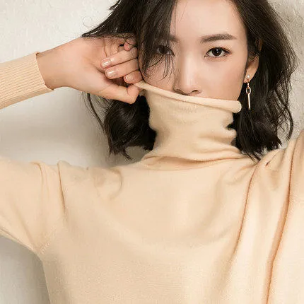 High Collar Wool Women Stretchable Turtleneck Slimming All-Matching Sweater Pullover