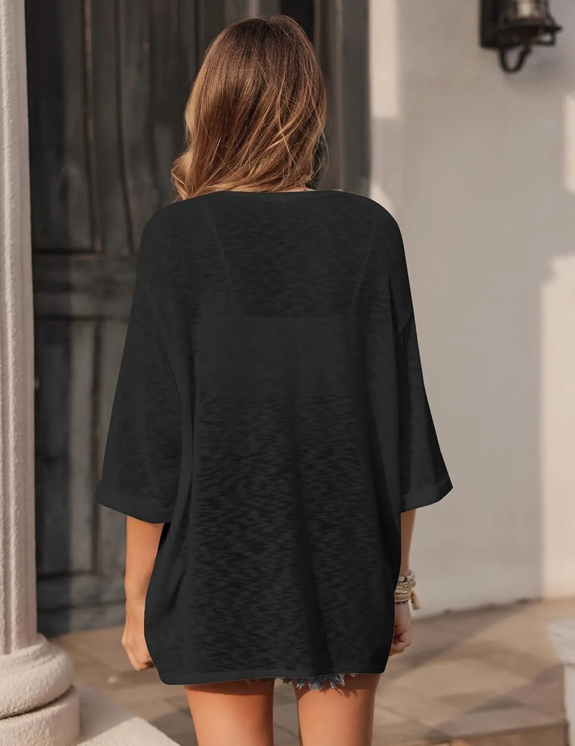 HOTOUCH Womens Lightweight Cardigan Open Front 3/4 Sleeve Casual Loose Fit Beach Cover Up