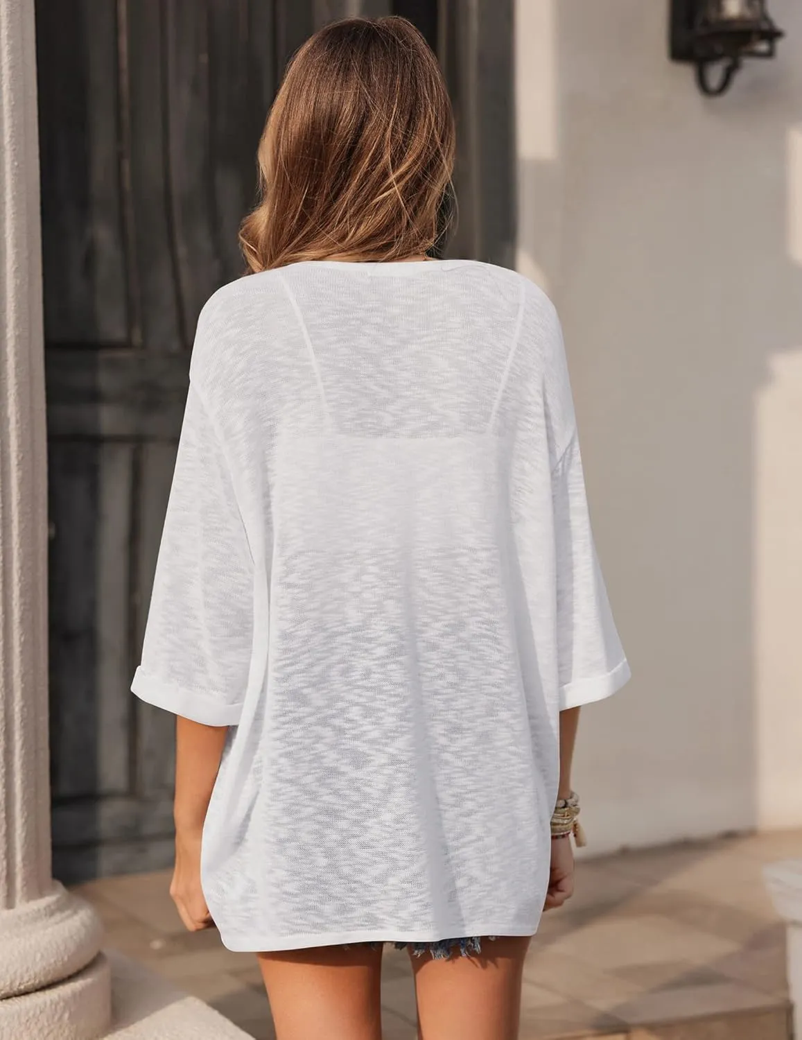 HOTOUCH Womens Lightweight Cardigan Open Front 3/4 Sleeve Casual Loose Fit Beach Cover Up