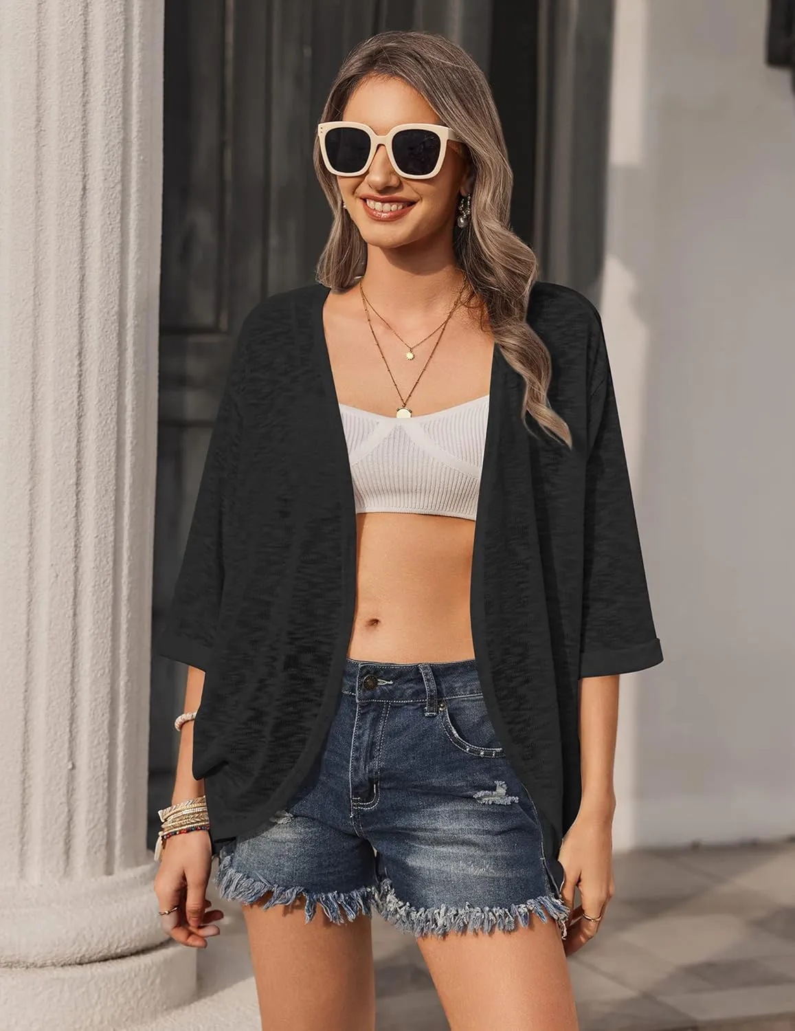 HOTOUCH Womens Lightweight Cardigan Open Front 3/4 Sleeve Casual Loose Fit Beach Cover Up